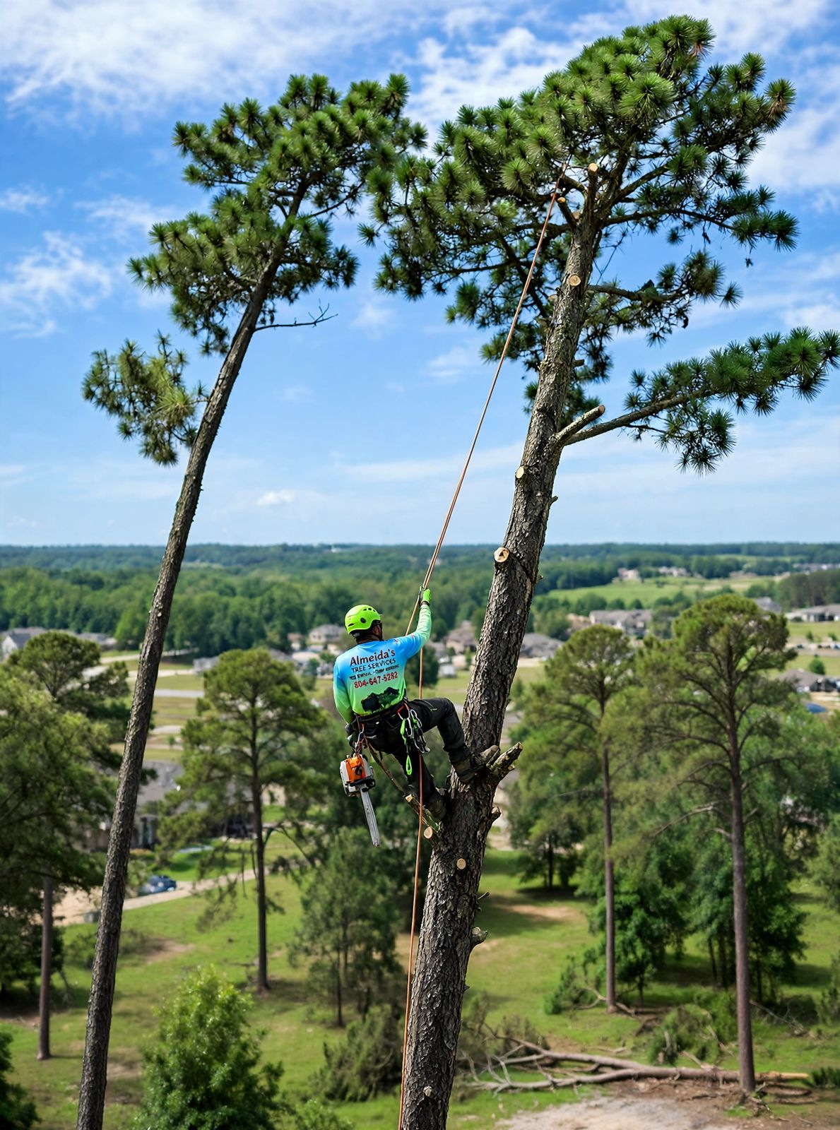 Climber pruning a tall pine tree