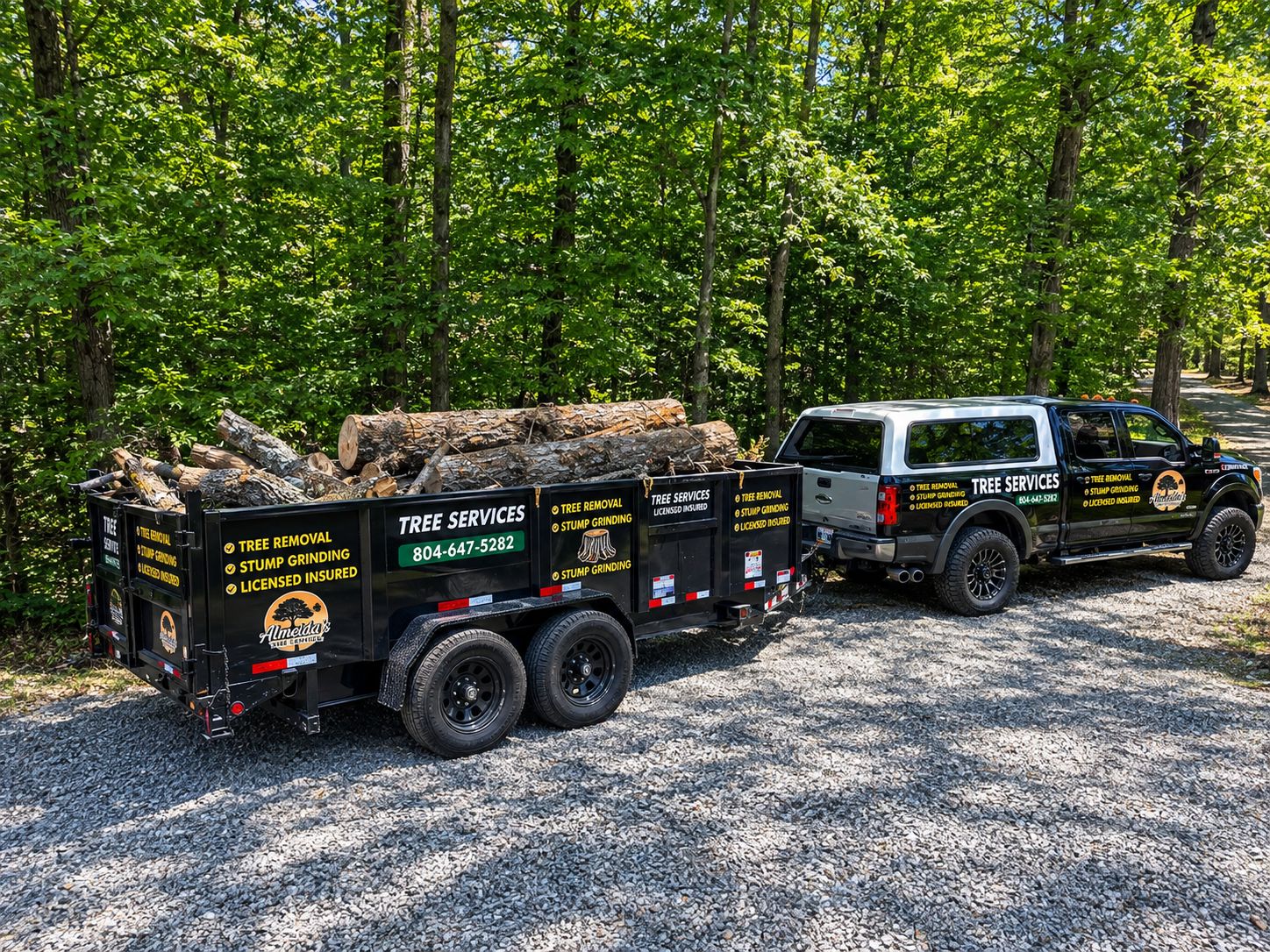 Almeida's Tree Services truck and trailer loaded with logs